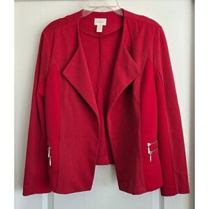 Chicos Red Textured Knit Open Front Blazer Jacket Gold Zipper Sz 2/L Holiday